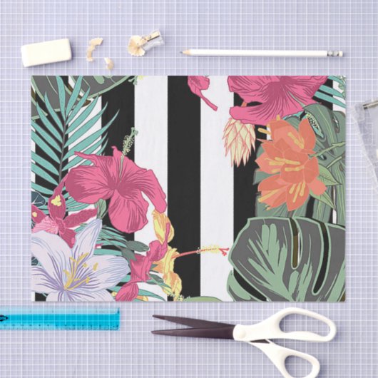 Tropische bloemen bladeren zwarte witte strepen tissuepapier (Craft)