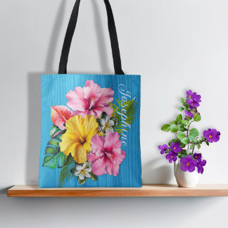 Tropische Bloemen Blauwe Houten Persoonlijke AOP Tote Bag
