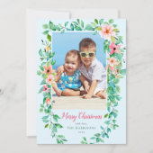 Tropische bloemen Blauwe Kerstmis 1-fotokaart Feestdagenkaart (Voorkant)