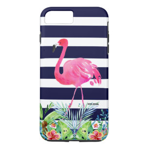 Tropische bloemen blauwe strepen & roze flamingo 	iPhone 8/7 plus hoesje