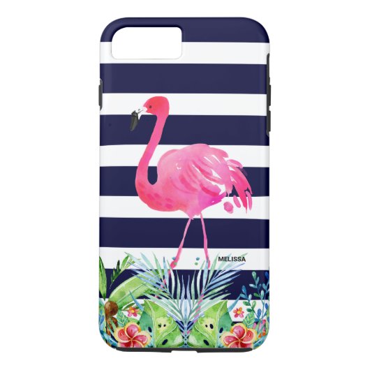Tropische bloemen blauwe strepen & roze flamingo Case-Mate iPhone case (Achterkant)