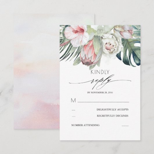 Tropische bloemen blozen roze bruiloft RSVP (Voorkant / Achterkant)