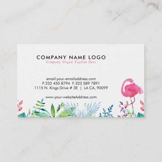 Tropische Bloemen Border & Roze Flamingo's Visitekaartje (Achterkant)