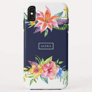 Tropische bloemen bouquet border blue background Case-Mate iPhone case