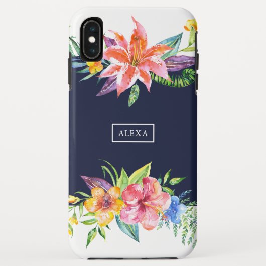 Tropische bloemen bouquet border blue background Case-Mate iPhone case (Achterkant)