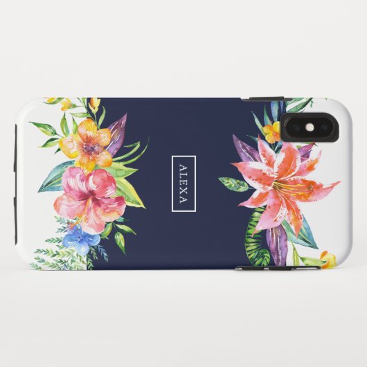 Tropische bloemen bouquet border blue background Case-Mate iPhone case (Achterkant (horizontaal))