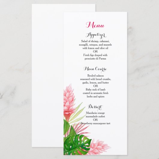 Tropische bloemen bruiloft receptie diner menu (Voorkant / Achterkant)