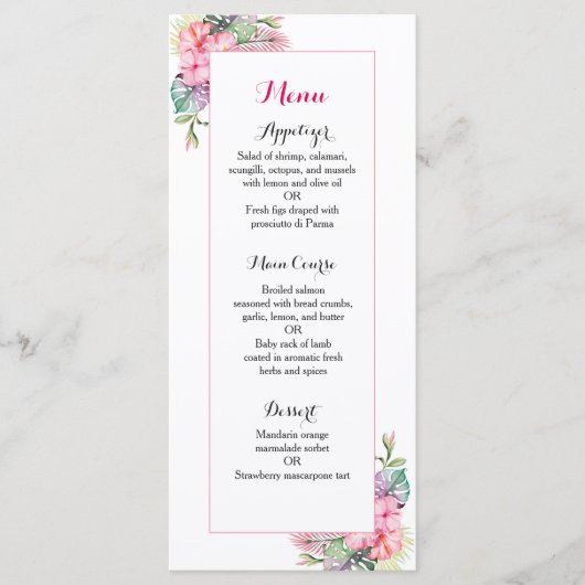 Tropische bloemen bruiloft receptie diner menu (Voorkant)