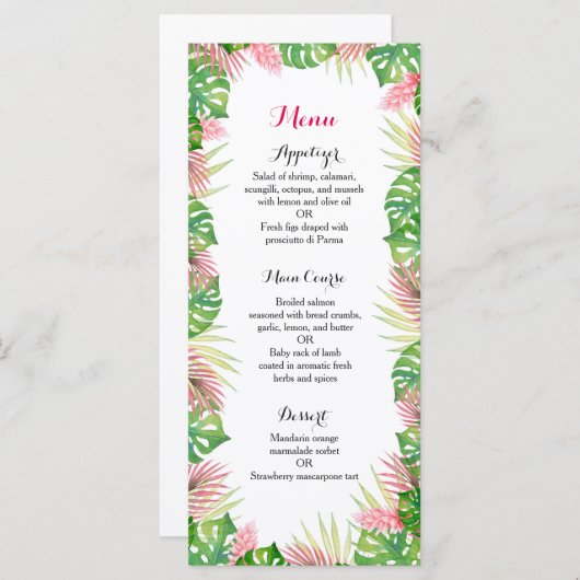 Tropische bloemen bruiloft receptie diner menu (Voorkant / Achterkant)