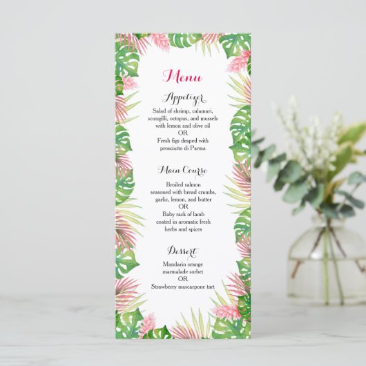 Tropische bloemen bruiloft receptie diner menu (Staand voorkant)