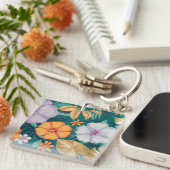 Tropische bloemen, delicate bloemen en gouden blad sleutelhanger (Voorkant Rechts)