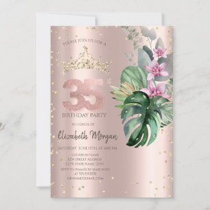 Tropische Bloemen Diamanten Roze Goud 35e Verjaard Kaart