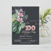 Tropische bloemen donker 100ste verjaardag kaart (Staand voorkant)