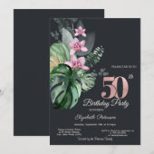 Tropische bloemen donker 50ste verjaardag kaart (Voorkant / Achterkant)