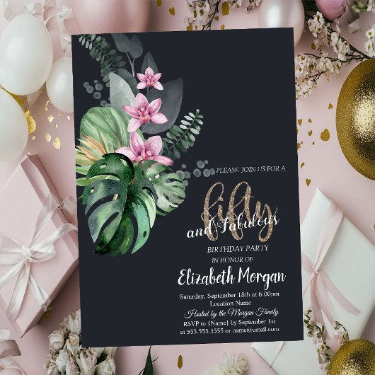 Tropische bloemen donker 50ste verjaardag kaart