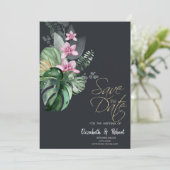 Tropische Bloemen Donker Bewaar De Datum Save The Date (Staand voorkant)