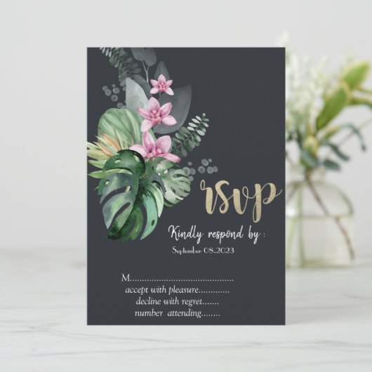 Tropische bloemen donker RSVP Kaart (Staand voorkant)