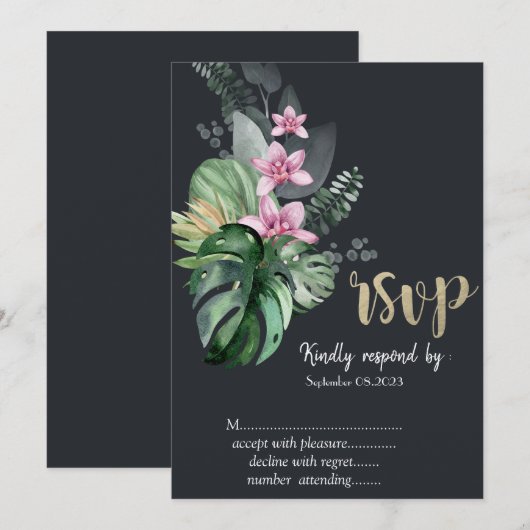 Tropische bloemen donker RSVP Kaart (Voorkant / Achterkant)