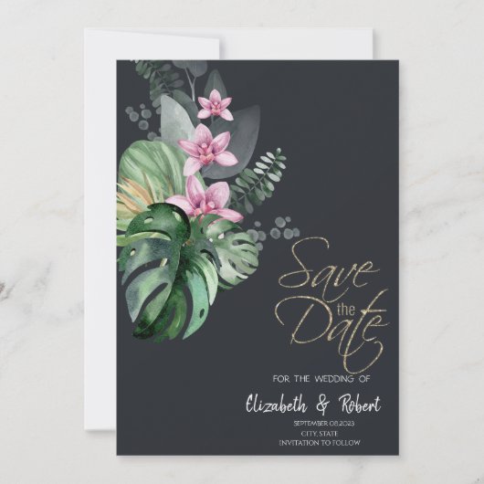 Tropische bloemen donker sparen de datum save the date (Voorkant)