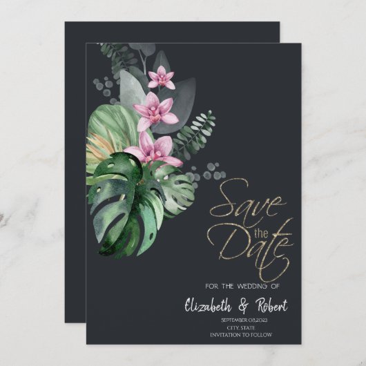 Tropische bloemen donker sparen de datum save the date (Voorkant / Achterkant)
