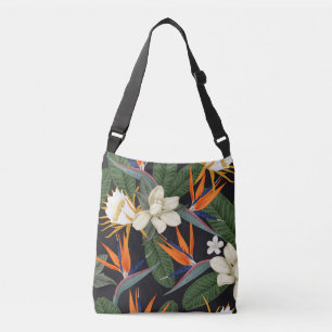 Tropische bloemen, donkere achtergrond, bloemennaa crossbody tas