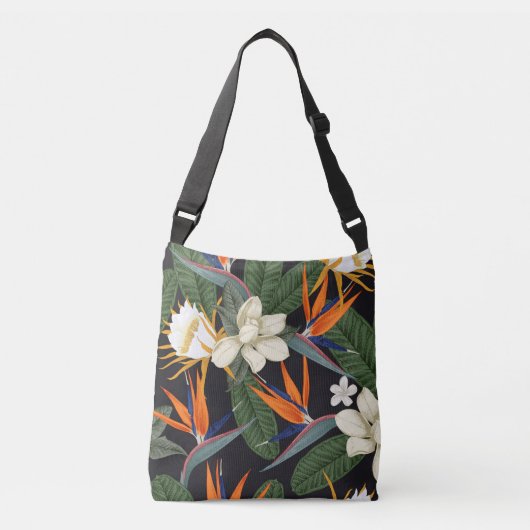 Tropische bloemen, donkere achtergrond, bloemennaa crossbody tas (Voorkant)