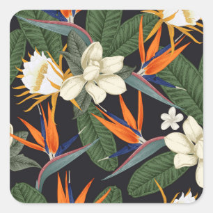 Tropische bloemen, donkere achtergrond, bloemennaa vierkante sticker