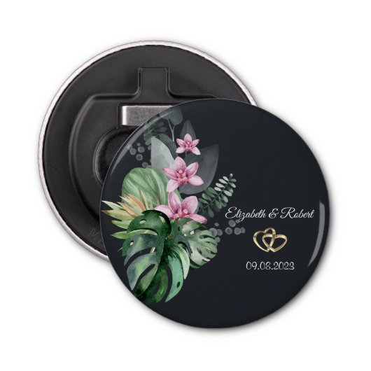 Tropische bloemen donkere bruiloft button flesopener (Voorkant)