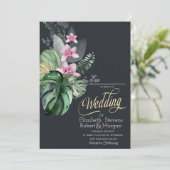 Tropische bloemen donkere bruiloft kaart (Staand voorkant)