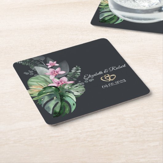 Tropische bloemen donkere bruiloft kartonnen onderzetters (Schuin)