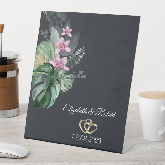 Tropische bloemen donkere bruiloft reclamebord met voetstuk (Insitu)