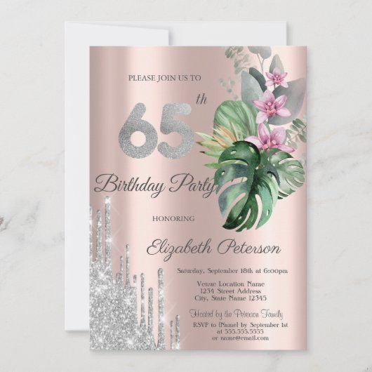 Tropische Bloemen Drips Roze Goud 65ste Kaart (Voorkant)