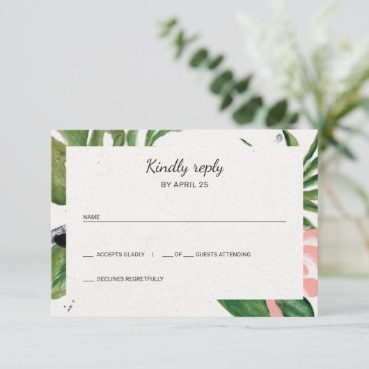 Tropische bloemen eenvoudige bruiloft RSVP (Staand voorkant)