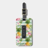 Tropische bloemen en ananas op Blauwgroen strepen Bagagelabel (Voorkant verticaal)