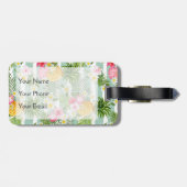 Tropische bloemen en ananas op Blauwgroen strepen Bagagelabel (Achterkant horizontaal)