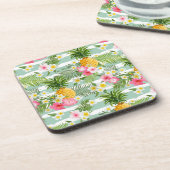 Tropische bloemen en ananas op Blauwgroen strepen Bier Onderzetter (Linkerzijde)