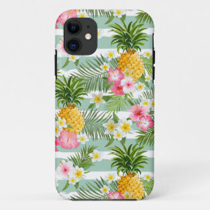 Tropische bloemen en ananas op Blauwgroen strepen iPhone 11 Hoesje