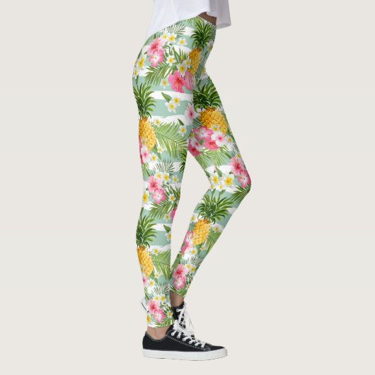 Tropische bloemen en ananas op Blauwgroen strepen Leggings (Rechts)