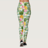 Tropische bloemen en ananas op Blauwgroen strepen Leggings (Achterkant)
