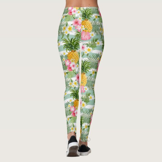 Tropische bloemen en ananas op Blauwgroen strepen  Leggings (Achterkant)