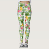 Tropische bloemen en ananas op Blauwgroen strepen  Leggings (Voorkant)