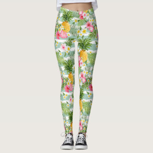 Tropische bloemen en ananas op Blauwgroen strepen  Leggings
