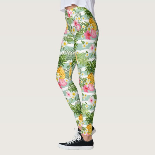 Tropische bloemen en ananas op Blauwgroen strepen  Leggings (Links)