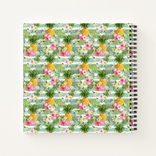 Tropische bloemen en ananas op Blauwgroen strepen Notitieboek (Achterkant)