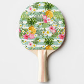 Tropische bloemen en ananas op Blauwgroen strepen Tafeltennisbatje (Voorkant)