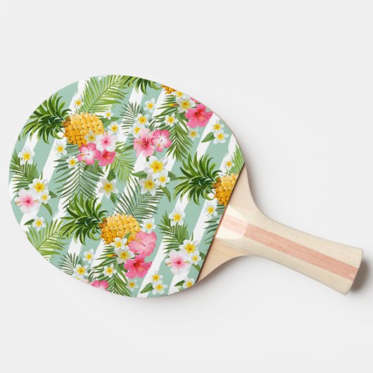 Tropische bloemen en ananas op Blauwgroen strepen Tafeltennisbatje (Zijkant)