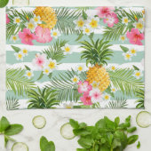 Tropische bloemen en ananas op Blauwgroen strepen Theedoek (Gevouwen)