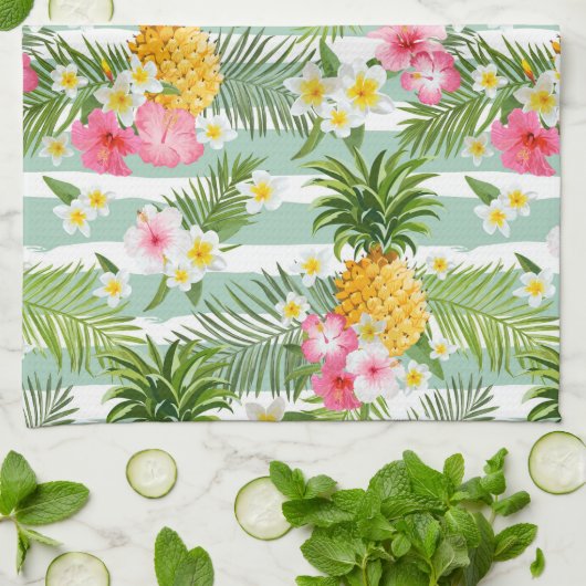 Tropische bloemen en ananas op Blauwgroen strepen Theedoek (Gevouwen)