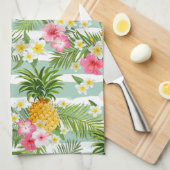 Tropische bloemen en ananas op Blauwgroen strepen Theedoek (Quarter Fold)