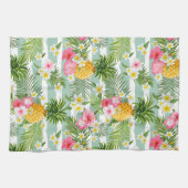 Tropische bloemen en ananas op Blauwgroen strepen Theedoek (Horizontaal)